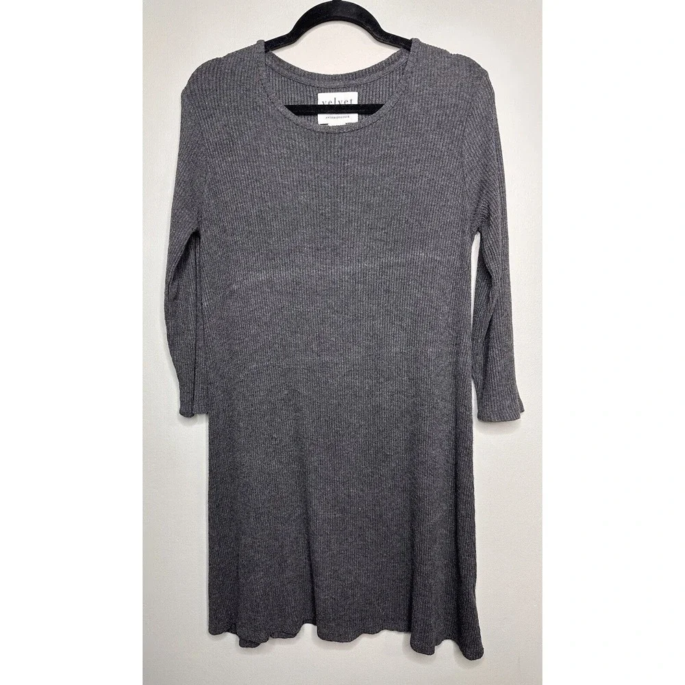 VELVET By Graham & Spencer  Long‎ Sleeve Crew Neck Dress Gray Grey XS Ribbed
